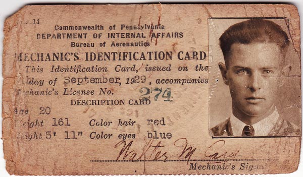 mechanic's ID card for Walter Cary